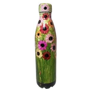 Stainless Steel Thermos Hand Painted SIGNED Water Bottle Floral 17 Oz NEW UNUSED